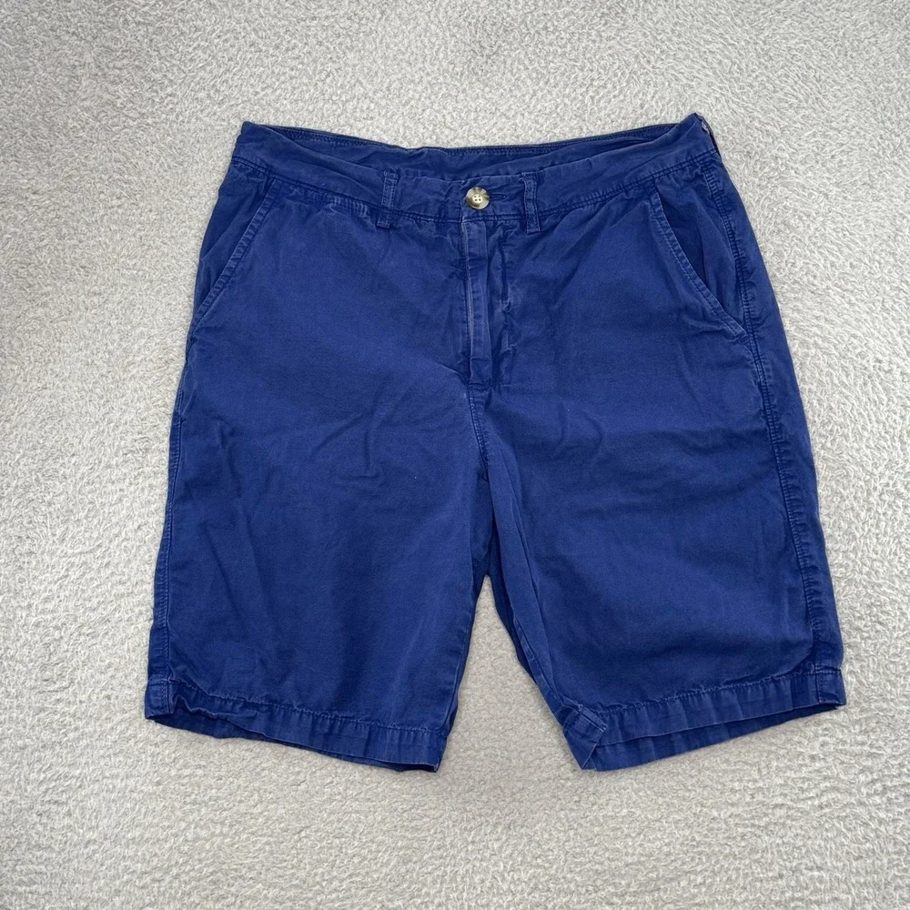Faherty Men Navy Blue Cotton Chino Shorts Embroidered Surfer Logo Size 33